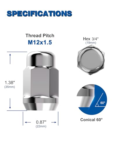 GAsupply 20pcs 12x1.5 Lug Nuts Chrome, 1.38" Tall 3/4" 19mm Hex Cone Seat - color: Silver, size: M12x1.5, style: 20 Pack