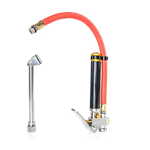 NEIKO 20701A Tire Inflator | 12 Inch | Flexible Air Tire Pressure Gauge | 20 – 120 PSI | 1/4” NPT Offset Dual Head Chuck | Tire Filler with Hose | Aluminum Body and Brass Valves | Stem Valve Caps - size: Tire Inflator