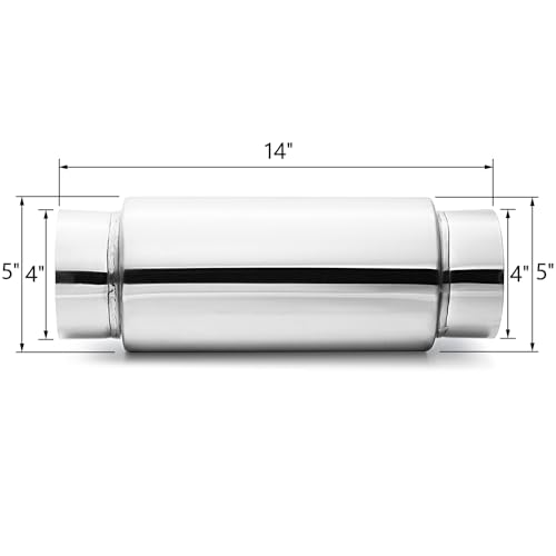 LCGP 4" Inlet Universal Resonator,4" Outlet 13.77" Overall Length Stainless Steel High Performance Muffler, Polished, Pass-Thru Design - color: Silver, size: 4" Inlet 13.8" Overall Length