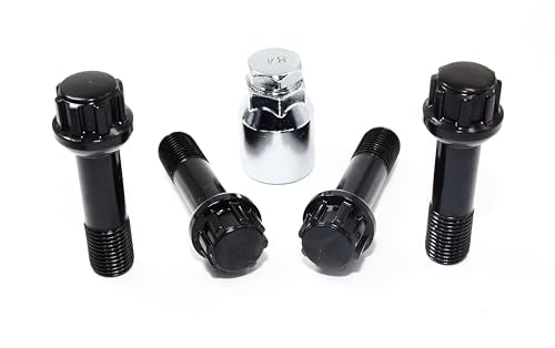 Set of 4 Veritek 14x1.5mm 2.75 Inch Length 45mm Shank 17mm 19mm Key Hex OEM Black Ball Seat Wheel Bolt Locks for Mercedes Factory Wheels R12