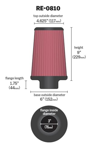 K&N High-Flow Original Lifetime Universal Clamp-On Air Filter: High Performance, Premium, Washable: Flange Diameter: 3 In, Filter Height: 9 In, Flange Length: 1.75 In, Shape: Round Tapered, RE-0810
