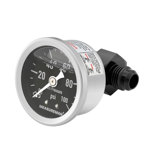 MEASUREMAN 0-100Psi Stainless Steel Glycerin Filled Fuel Pressure Gauge, 1-1/2" Black Dial, with 6AN Fuel Pressure Take Off Fitting Adapter Aluminum, 1/8" NPT Center Back Mount - size: 0-100 psi, style: Back Mount 6AN Adapter (Black Dial)