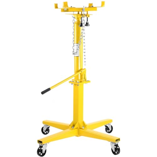 JEGS 변속기 잭 | 유압 | 조절 가능 | 453.6kg(1000파운드) 용량 | 하이 리프트 핸들 작동 | 조절 가능한 로드 암 | 옐로우 스틸 프레임 | 캐스터 휠 디자인 4개