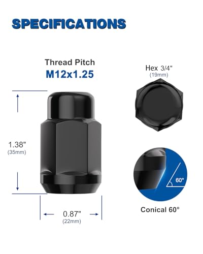 GAsupply 20pcs M12x1.25 Lug Nuts Black, 1.38" Tall 3/4" 19mm Hex Cone Seat - color: Black, size: M12x1.25, style: 20 Pack