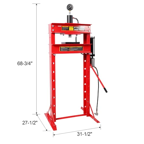 30 Ton Air Hydraulic H-Frame Shop Press with Gauge, Red, Adjustable Garage Floor Press for Bending, Straightening, and Auto Repair