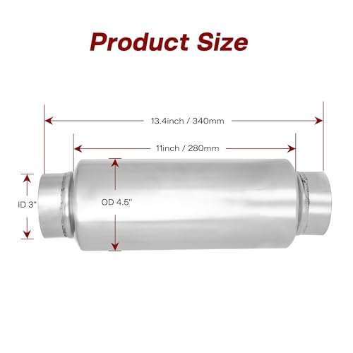 Exhaust Muffler, 3 Inch Inlet Resonator Muffler Straight Stainless Steel, Universal Performance Muffler 13''/340mm Overall Length, Polished - size: 3''x 4.5''