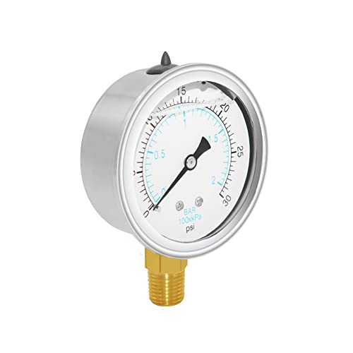 Joywayus Pressure Gauge 0-30 PSI Brass 1/4" NPT Male Thread Lower Mount, Glycerin Filled, Stainless Steel Case, Multiple Function - size: 0-30PSI--1/4", style: Glycerin Filled