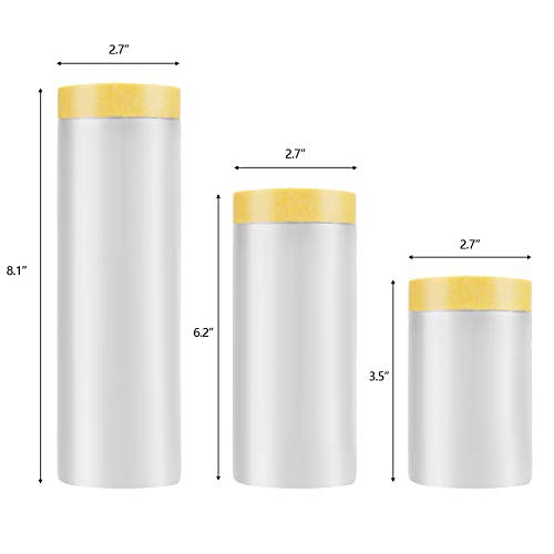 Hedume 6 Pack Tape and Drape, Pre-Taped Masking Film for Automotive Painting Covering, Assorted Masking Paper, Automotive Best Masking Tape Painting (65.6-Feet/Pack, 3 Sizes)