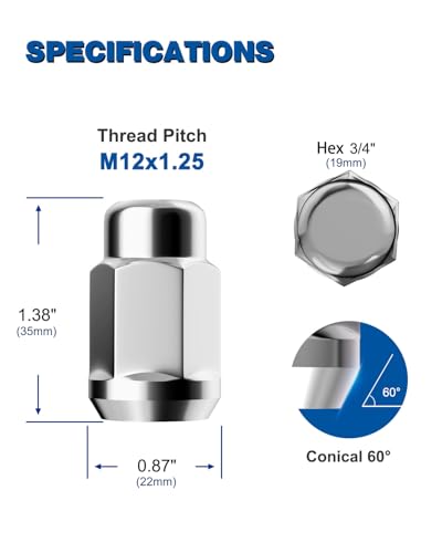 GAsupply 20pcs M12x1.25 Lug Nuts Chrome, 1.38" Tall 3/4" 19mm Hex Cone Seat - color: Silver, size: M12x1.25, style: 20 Pack
