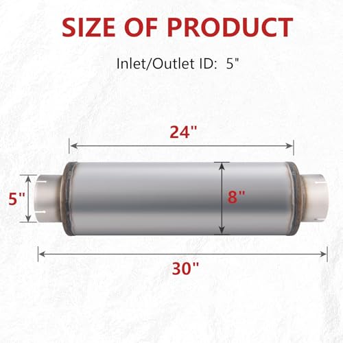 LCGP 5" Exhaust Muffler, 5'' Inlet & Outlet, 8" x 24" Body 30" Overall Length Universal Resonator, Performance Straight Through Slotting Design Welded on Exhaust Tip, Stainless Steel Mufflers - color: 1 PC, size: 5" Inlet 30" Overall Length(8" wide)