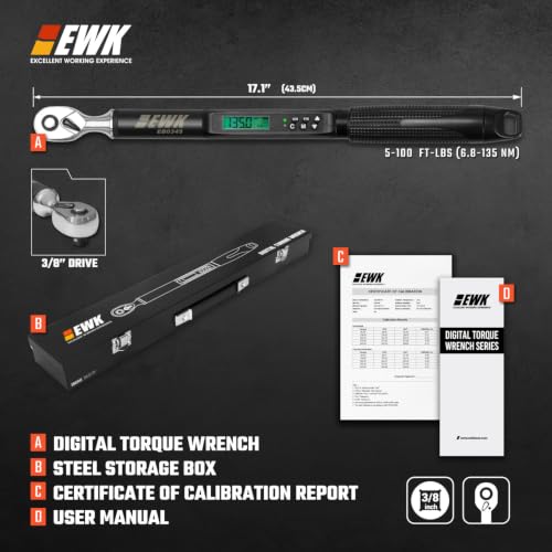 EWK 3/8 Inch Drive Digital Torque Wrench 5-100 ft-lbs (6.8-135 Nm)