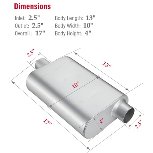 Upower 2.5" Dual Chamber Muffler, 17" Overall Length Performance Exhaust, Aggressive Deep Sound Aluminized Steel Universal Fit for Car Truck SUV (2.5" ID Inlet/Outlet)