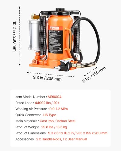VEVOR Air Hydraulic Bottle Jack, 20 Ton/40000 LBS All Welded Bottle Jack, 10.4-19.7 inch Lifting Range, Manual Handle and Air Pump, for Car, Pickup, Truck, RV, Auto Repair, Industrial Engineering