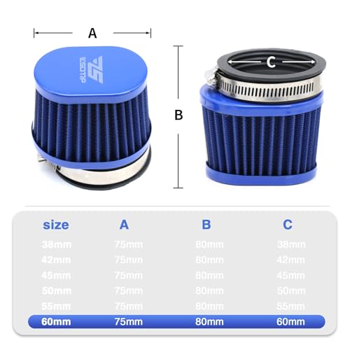 2PCS Motorcycle Air Filter Universal 60MM Replacement Engine Filter High Performance Air Filters Fit Motocross Carburetor Cleaner for Pit Bike Scooter Moped ATV (Blue 60MM) - color: blue, size: 2PCS(60MM)