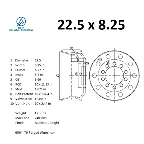 UNIRACING 22.5" x 14" Truck Wheels Super Single Forged Aluminum Rims Flat Face Outside Polished Hub Pilot - 2 Pack - color: Metallic Silver; 2 Pcs, size: 22.5"x14"; Outside Polished