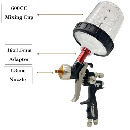 Automotive Air Paint Sprayer Gun Kit, 1.3mm HVLP Spray Gun and 1.7mm Nozzles Needle Cap with 600cc Disposable Cup for Car Primer, Topcoat & Touch-Up, Furniture Painting.