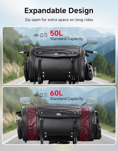 KEMIMOTO Motorcycle Travel Luggage Bags, 60L Expandable Large Capacity Motorcycle Tail Bag, Waterproof Rear Rack Trunk, Motor Pannier Bag with Rain Cover and Straps - size: 50-60L