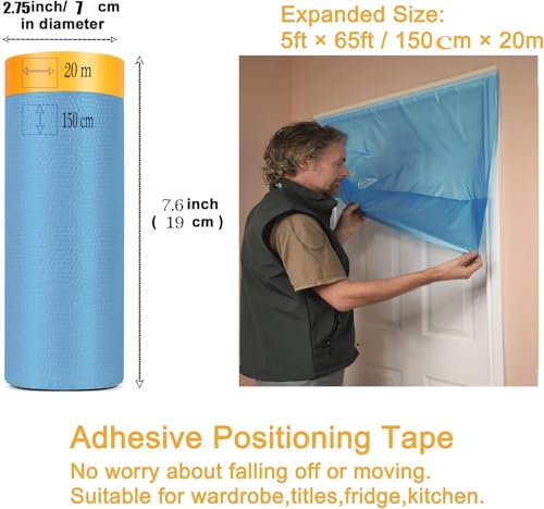 Painters Plastic With Tape,Tape and Drape, Automotive Pre-Taped Masking Film | 1 Roll | Self-Adhesive Painting Drop Film | Plastic Dust Sheets for Decorating, Cars Painting| 60 in x 65 feet