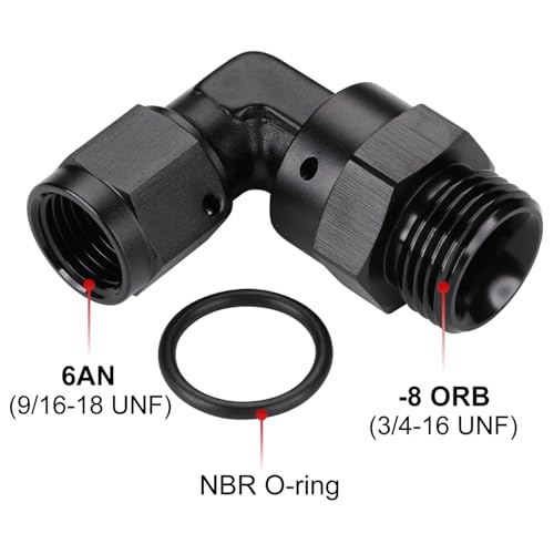 6AN Female Flare Swivel to 8AN -8 ORB Male O-ring Boss 90 Degree Fitting Adapter Aluminum Black - color: Black - 90 Degree, size: 6AN Female to -8 ORB Male