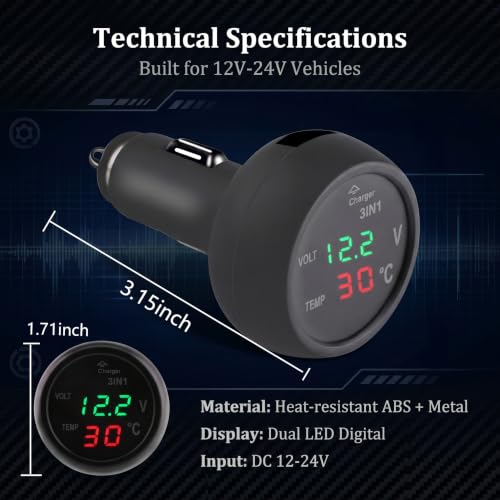 3-in-1 Car USB Power & Voltmeter & Thermometer, Real Time Monitor Gauge with LED Digital Display, Cigarette Lighter Plug and Play Detection Tool, Universal for Cars SUVs Trucks (Black)