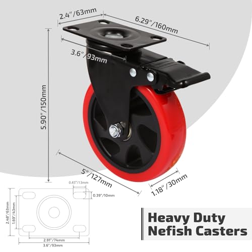 Nefish Swivel Caster Wheel for Cart, 5 Inch Industrial Casters Set of 4 - Heavy Duty Top Plate Casters with Brake 2200 Lbs, 360 Degree Polyurethane Wheels for Cart, Trolleys, Furniture, Equipment - size: 5 IN