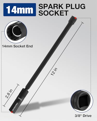 WORKPRO 14MM Swivel Magnetic Spark Plug Socket, 3/8" Drive x 12" Length - size: 14MM×3/8"×12"
