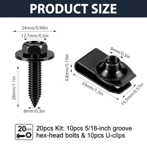 Automotive Body Bolt & U Nut Kit, 20 Pcs M8 x 1.25 Black Car Body Bolts and U Nuts, Auto Fastener Hardware Set for Body Panels, Bumpers, Fenders and Trim - color: Black M8X1.25