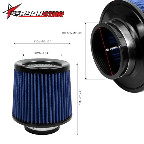 RYANSTAR RACING 3 Inch Cone Air Filter 76mm High Flow 163mm Tall Blue - color: blue, size: 3" Short