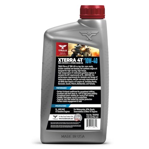 TRIAX XTerra 4T 10W-40 Full Synthetic 4 Stroke Engine Oil | For Motorcycles, ATVs, Quads & Snowmobiles | Exceeds JASO MA2 & API SL/SM/SN | True All Season | Race Ready (1 Quart) - size: 1 Quart
