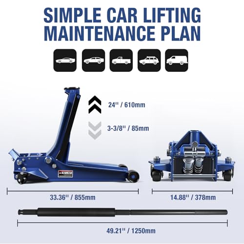 Floor Jack 3 Ton Extra Long Reach Hydraulic Low Profile Floor Jack with Dual Piston Quick Lift Pump, Home and Workshop Car Maintenance for Various Vehicles, 3 Ton (6,600 lbs) Capacity, Blue