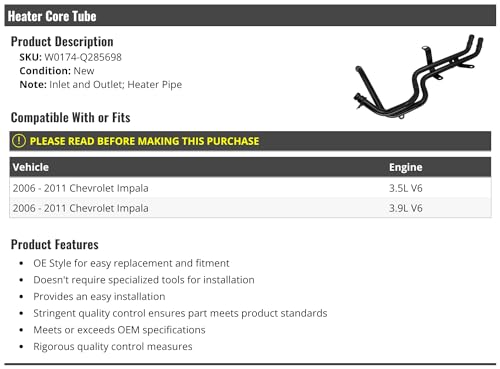 Marketplace Auto Parts Heater Core Tube Line - Inlet and Outlet - Compatible with 2006-2011 Chevy Impala 3.5L 3.9L V6