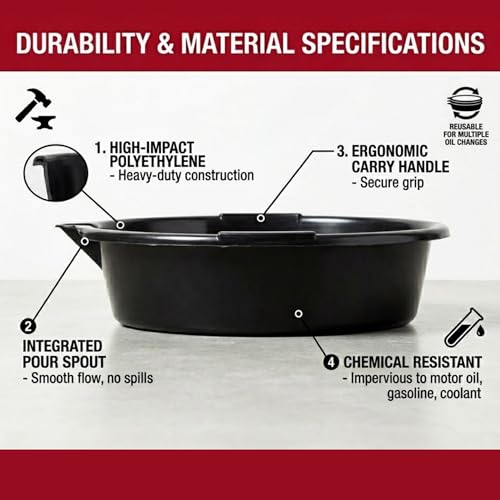 Oil Drain Pan, 7-Quart Oil Change Pan with Built-in Scale and Spout, Portable Waste Oil Catch Basin for Garage and Car Engine Maintenance, Black