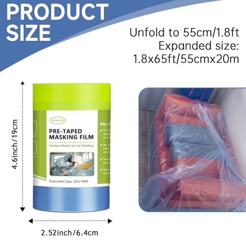 Painters Plastic with Tape 22" x 66',Pre-Taped Masking Film Reinforced Tape and Drape,Tear-Resistant Plastic Painting Film for Car Painting & Home Renovation (4 Rolls) - size: 22" x 66'