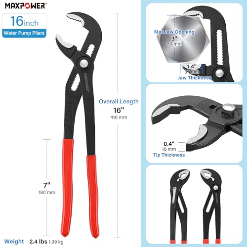 MAXPOWER 16-inch Water Pump Pliers, 3" Jaw Opening V Jaw Adjustable Pliers - size: 16-inch