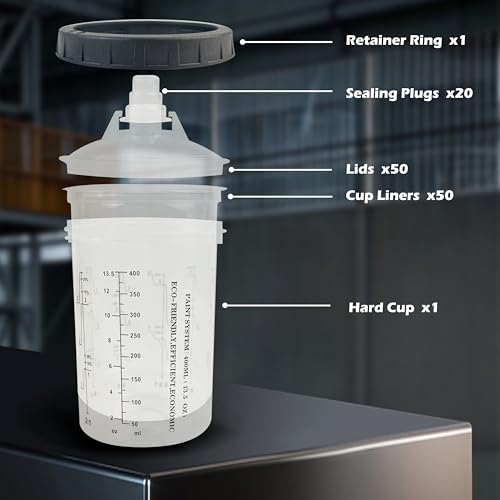 ENDOZER Disposable Paint Cup 50 Pack 13.5 Ounce(400ML) Mixing Cups for Automotive Spray Gun with 50 Liners and Lids System, 1 Hard Cup with Retainer Ring, 20 Plugs, 2 Adapters for Paint Gun - color: Dis-400ml-50pcs