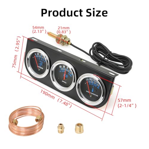 ARTILAURA 52mm Triple Gauge Set (Oil Pressure Gauge+ AMP+ Water Temp) Dashboard 3 in1 Auto Gauges Psi Ammeter Fahrenheit 3 Gauge Cluster Kit