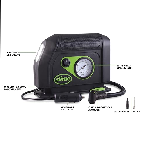 Slime 40050 Tire Inflator, Portable Car Air Compressor, with Analog 100 psi Dial Gauge, Long Hose and LED Light, 12V, 8 min Inflation - style: Analog Tire Inflator