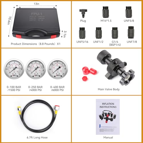 Hydraulic Nitrogen Accumulator Charging Kit, Nitrogen Fill Kit, Nitrogen Pressure Test System with 7 Couplings, 3 Gauges(1500PSI /4000PSI/ 6000PSI), and 1 Gas Hose (3 Gauges) - size: 3 Gauges 7 Couplings