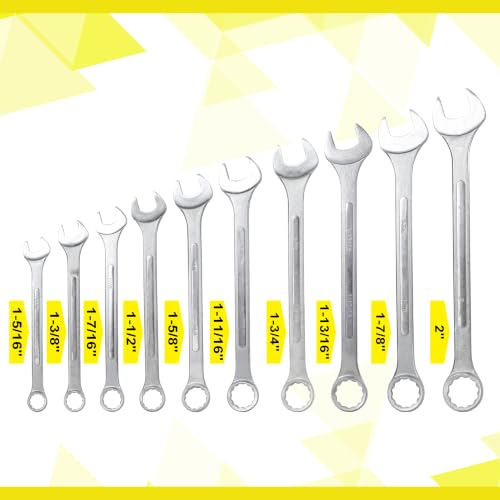 Jumbo Combination Wrench Set, 10-Piece SAE (1-5/16"-2"), Chrome Plated, Green Storage Bag - WITH ODD Sizes (1-11/16", 1-13/16"), Complete Coverage for Specialty Applications - color: 10-piece Sae (1-5/16"-2"), Chrome
