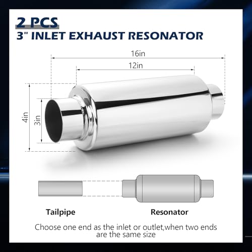Relaxweex 2 Pcs 3" Inlet Exhaust Resonator, 3" Inlet 3" Outlet 16" Overall Length Muffler Resonator Stainless Steel(Silver) - color: Silver, size: 3" Inlet 16" Overall Length