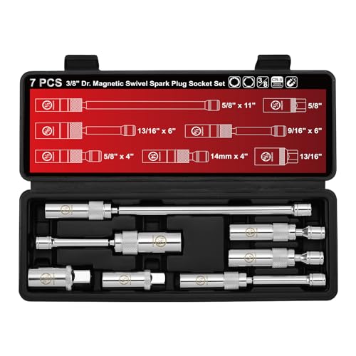 7-Piece 3/8 Inch Drive Magnetic Swivel Spark Plug Socket Set, Includes 9/16-inch, 5/8-inch, 13/16-inch, 14mm, Enhanced Magnetic Design with Thin Wall Socket, Cr-v Steel, 6-Point &12-Point - size: 7-Piece Magnetic Spark Plug Socket Set