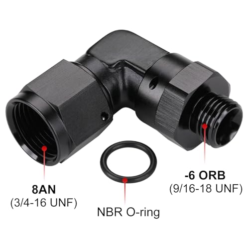 8AN Female Flare Swivel to 6AN -6 ORB Male O-ring Boss 90 Degree Fitting Adapter Aluminum Black - color: Black - 90 Degree, size: 8AN Female to -6 ORB Male