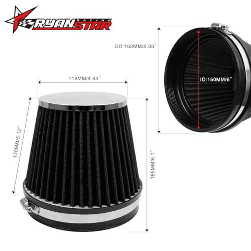 RYANSTAR 6 Inch Cone Air Filter 152mm High Flow 155mm Tall Washable Black - color: black, size: 6" Truck Short