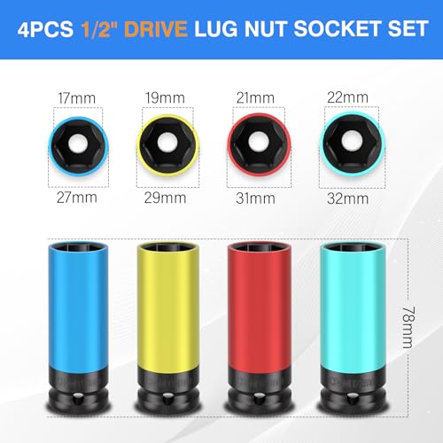 4 PCS 1/2" Drive Wheel Protector Impact Socket Set, Metric 17 19 21 22 mm - size: 1/2" Protective Cover Sockets 4pcs