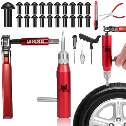 Richcat Tubeless Tire Puncture Repair Kit with Mushroom Plug, Repairs punctures and Flat Tires for Motorcycles, Cars, Trucks, ATVs and Tractors
