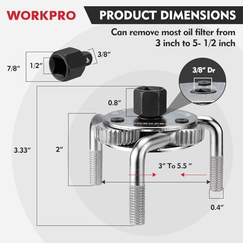 WORKPRO Adjustable Oil Filter Wrench, Universal 3"–5-1/2" (76–140mm) - color: Sliver