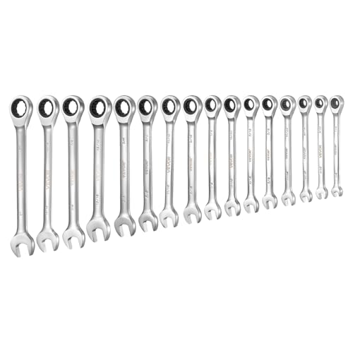 VEVOR Combination Wrench Set, 16-Piece SAE Sizes, 72 Teeth, Cr-V Steel Ratcheting Wrench Set, with Roll Up Pouch, Open End, Clear Size Labels, for General Household and Automotive Repairs, Silver - size: 16PCS