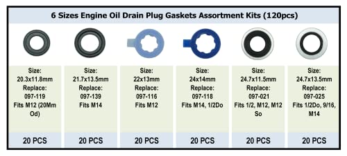 120PCS 6 Sizes Oil Drain Plug Gaskets Assortment Kits, Fit M12 M14 For FORD, replace 097-119, 097-139, 097-116, 097-118, 097-021, 097-025