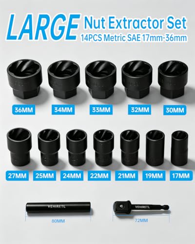 14pcs Large Lug Nut Extractor Socket Set 17-36mm Bolt Extractor - size: Large