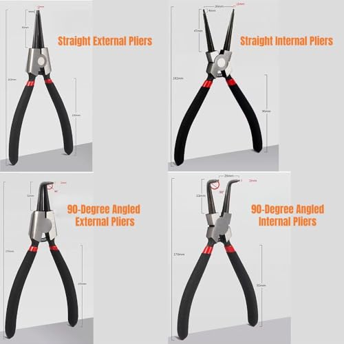7 Inches Snap Ring Pliers Set, 4 PCS Internal/External Circlip Pliers with Straight/Bent Jaw, Professional Heavy Duty C-Clamp Pliers With Stroage Pouch for Automotive & Machinery